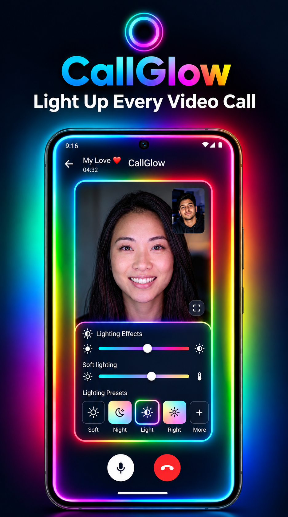 Two people talking on a video call with CallGlow edge light glowing around the phone screen